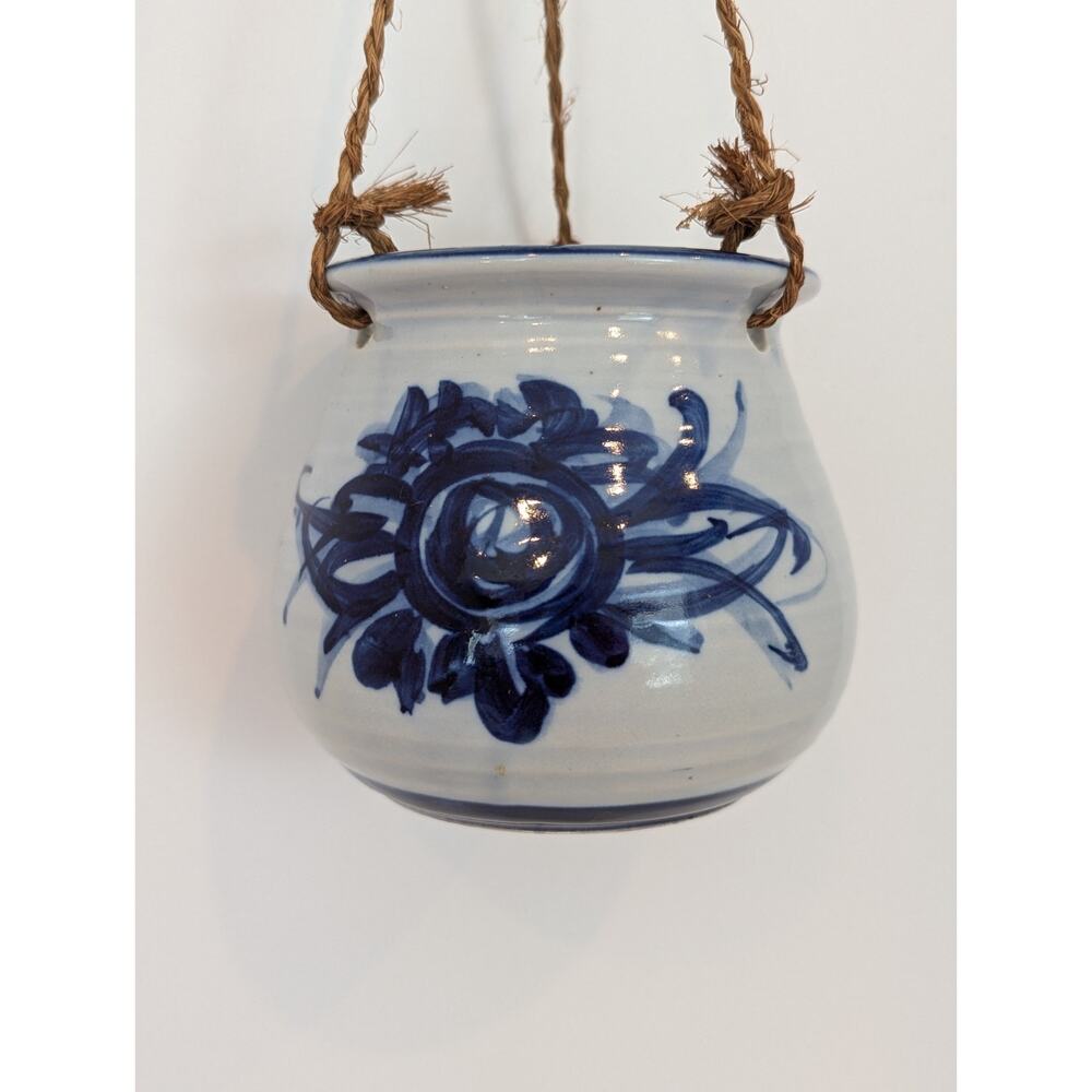 Ceramic Hanging Planter, Cobalt Blue Design, Japan Made, Boho Grandmillennial - Picture 4 of 11